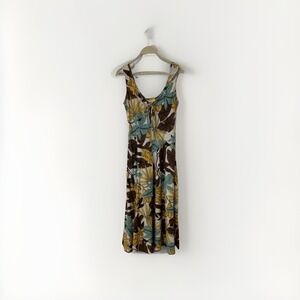 Vtg Chadwicks Womens 8P Dress Brown Floral Tropical Linen Blend Midi Coastal